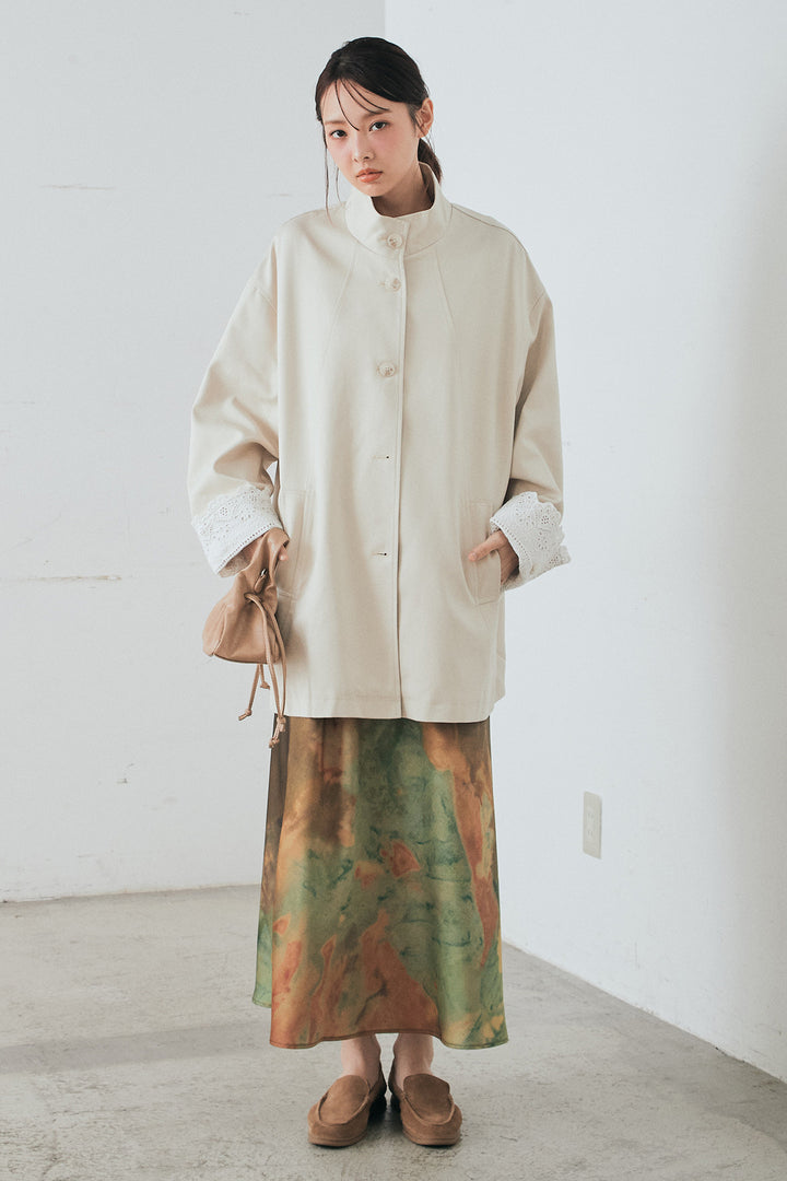 [SET]袖折り返しレースデザインアウター+ニュアンス柄サテンスカート(2set)