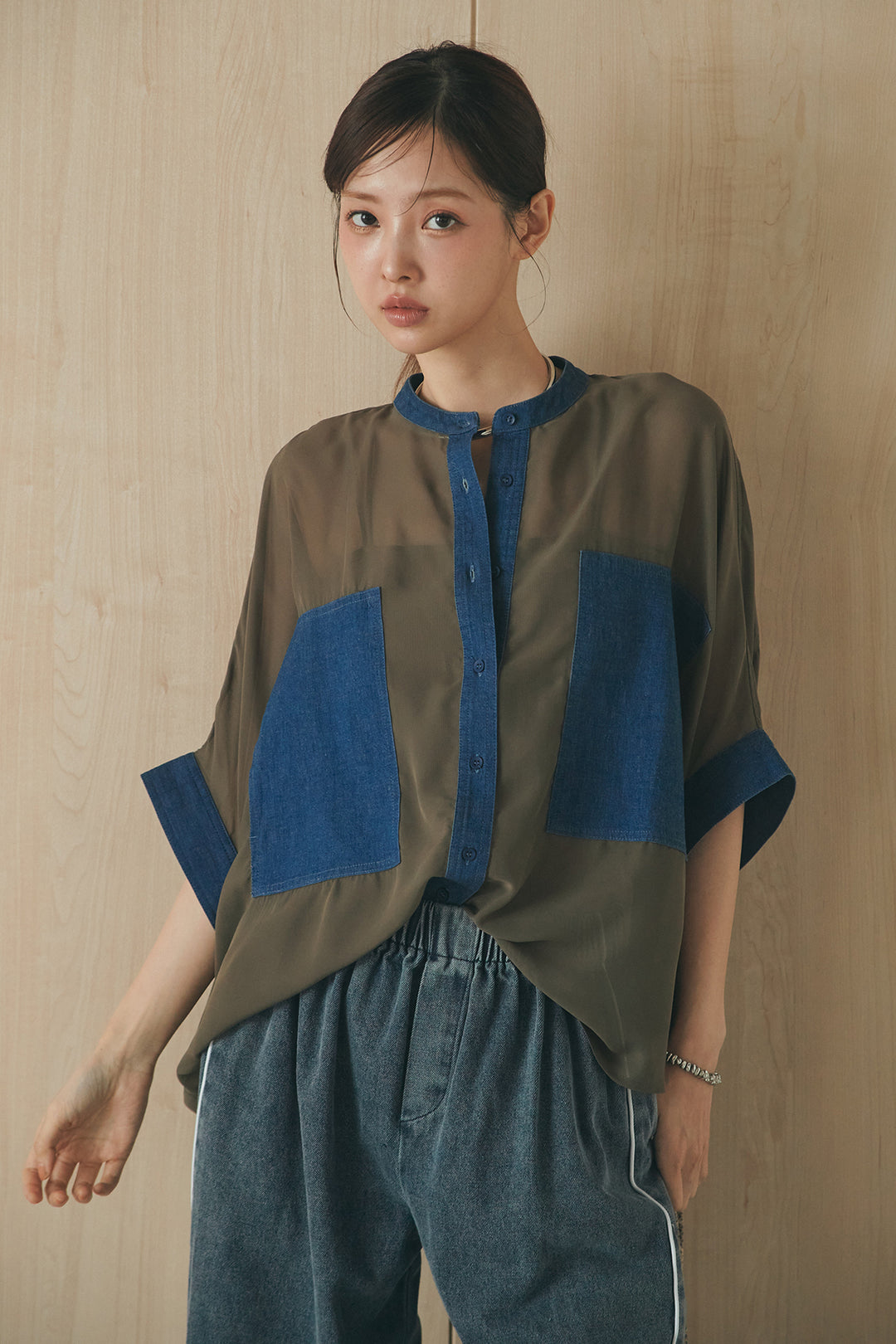 [SET]デニムライクビッグツーポケシアーシャツ+ドロストサイドラインデニムパンツ(2set)