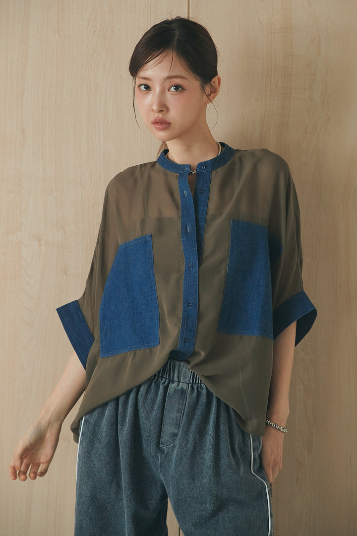 [SET]デニムライクビッグツーポケシアーシャツ+ドロストサイドラインデニムパンツ(2set)