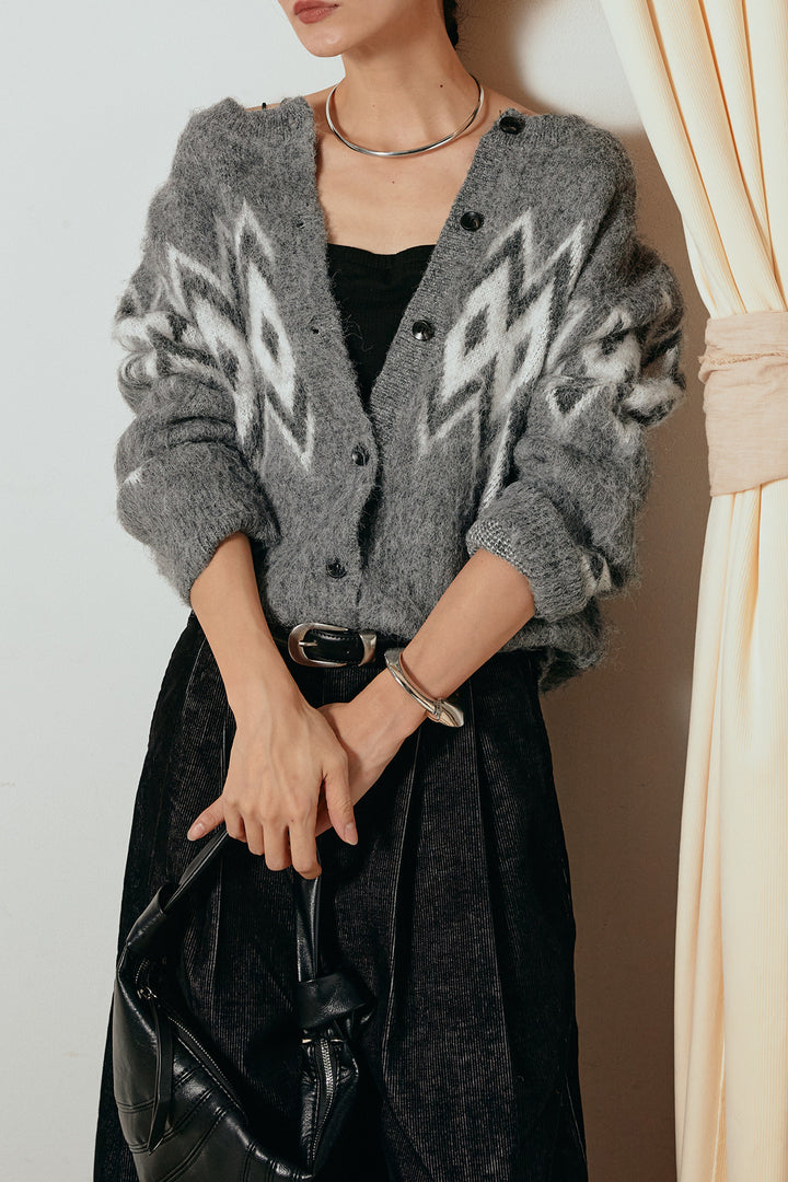 [SET]起毛ノルディック柄ニットカーディガン+フロントタック入りコーデュロイパンツ(2set)