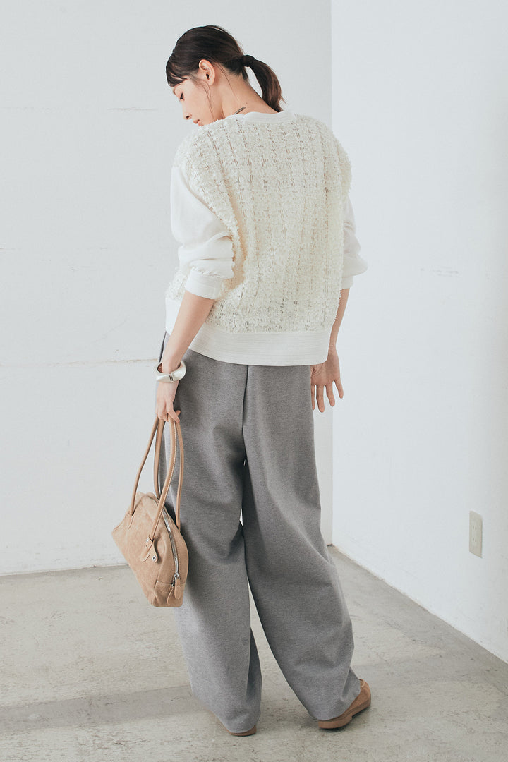 [SET]モコレースVネックカーディガン+カットダンボールウエストフリルカーブパンツ(2set)