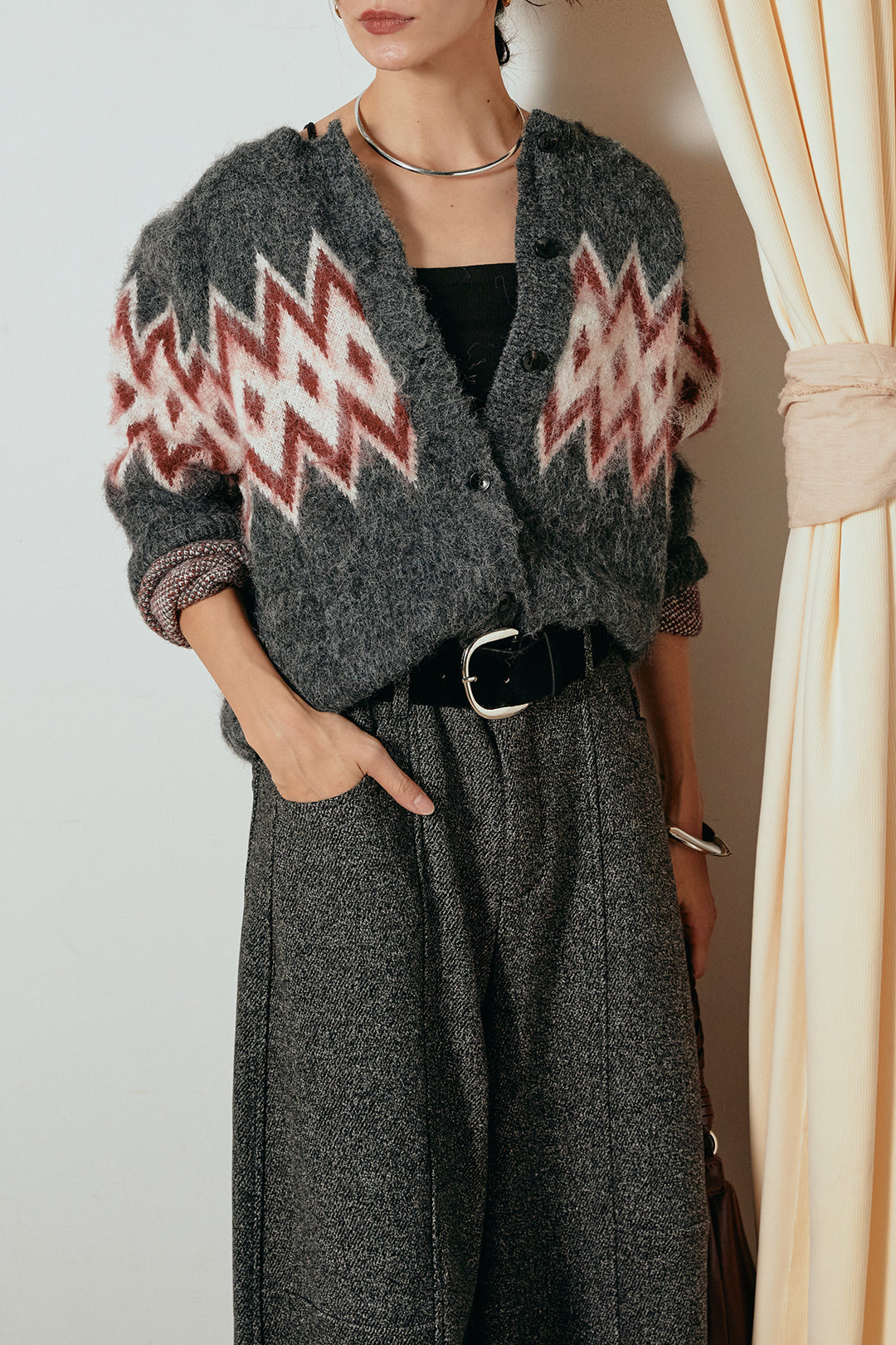 [SET]起毛ノルディック柄ニットカーディガン+太ベルト付きツイードワイドパンツ(2set)
