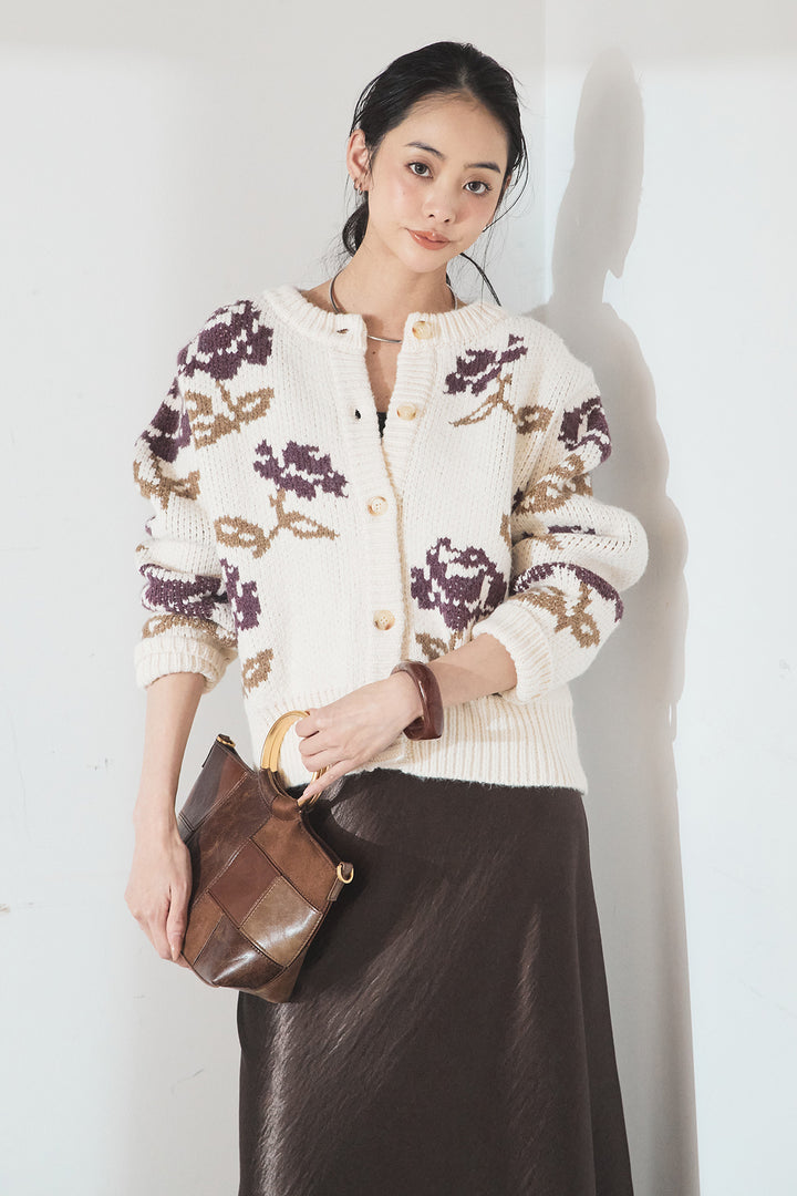 [SET]花柄ジャガードニットカーディガン+裾レースデザインサテンスカート(2set)