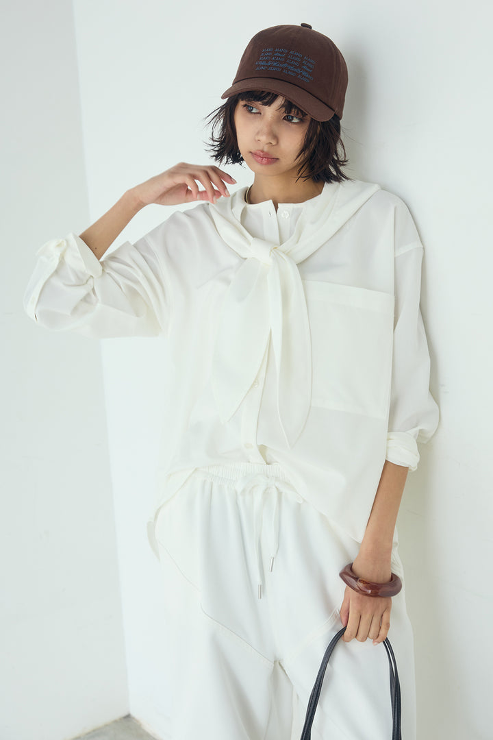 [SET]無地タイ付フーディーBIGシャツ+ランダムタックデザインワイドパンツ(2set)