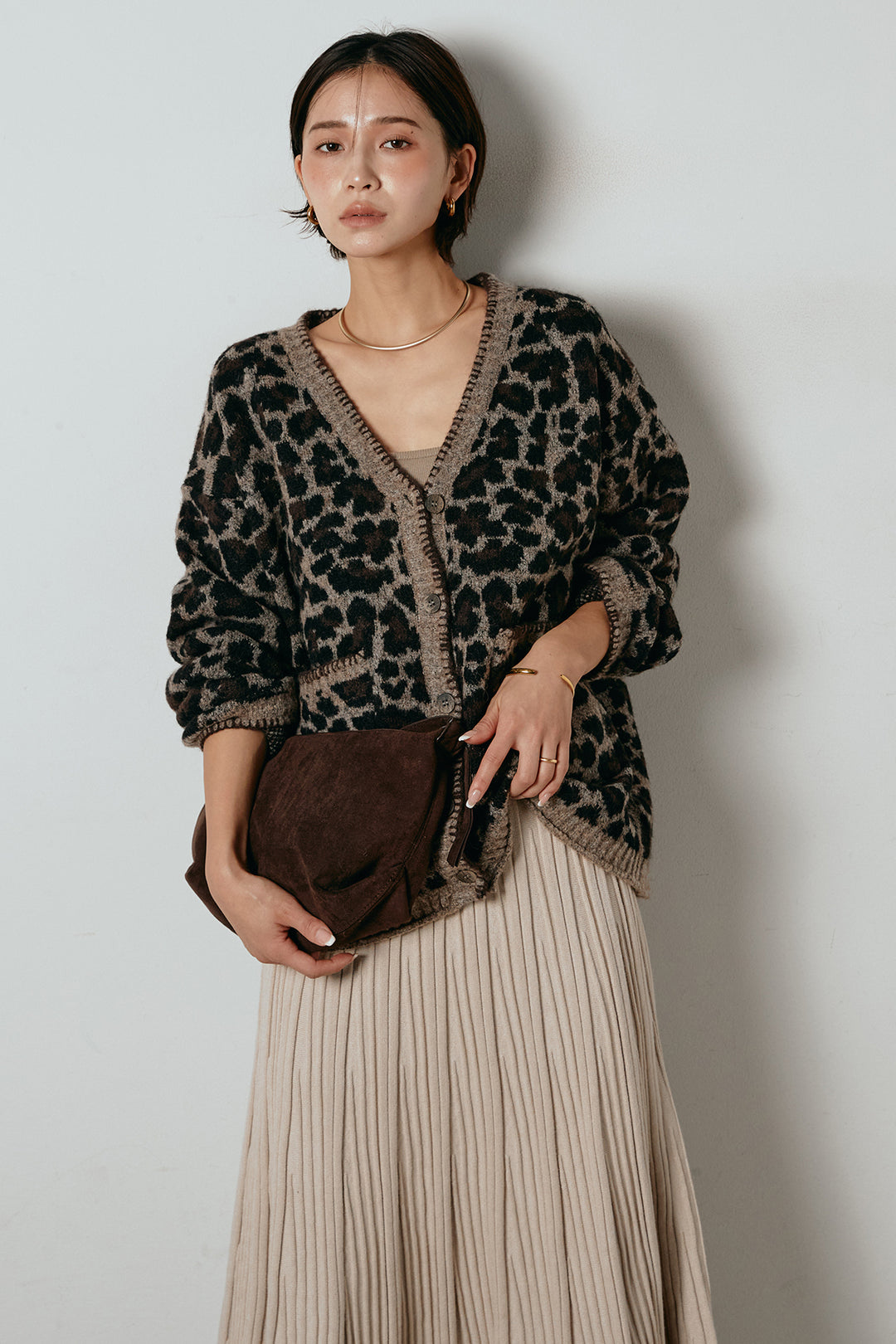 [SET]ステッチデザインレオパードニットカーディガン+リブニットフレアスカート(2set)