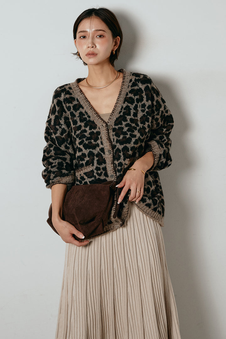 [SET]ステッチデザインレオパードニットカーディガン+リブニットフレアスカート(2set)