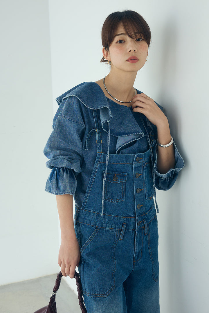 [SET]デニムフリルブラウス+デニムサロペットワイドパンツ(2set)