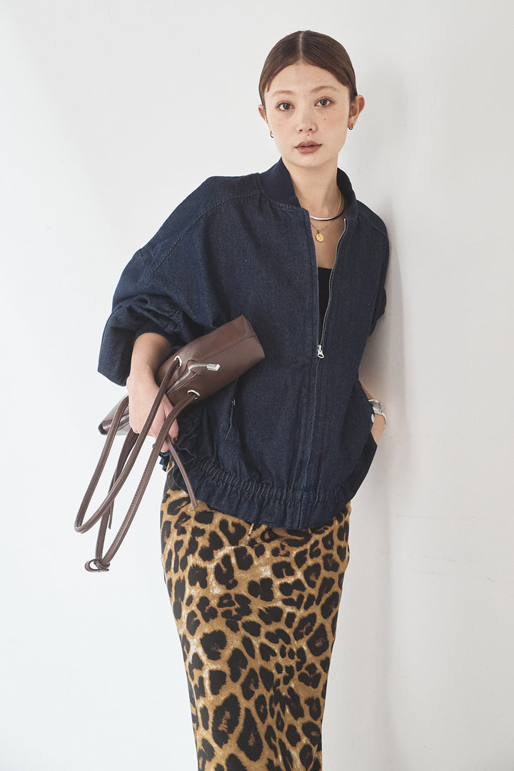 [SET]袖シャーリング裾フリルデニムブルゾン+レオパードサテンナロースカート(2set)