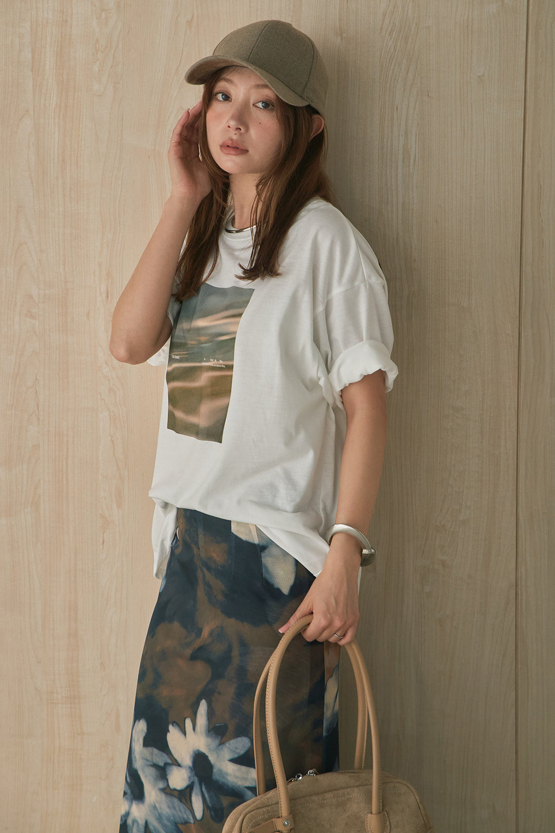 [SET]MarbleプリントTシャツ+ニュアンス花柄スカート(2set)
