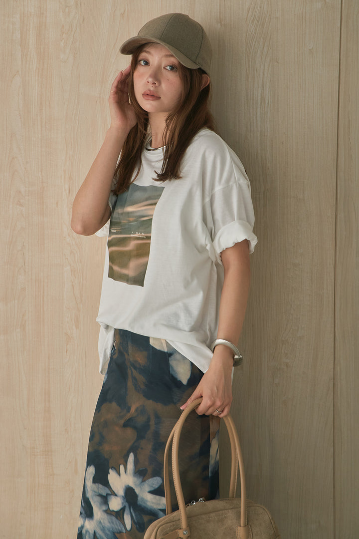 [SET]MarbleプリントTシャツ+ニュアンス花柄スカート(2set)