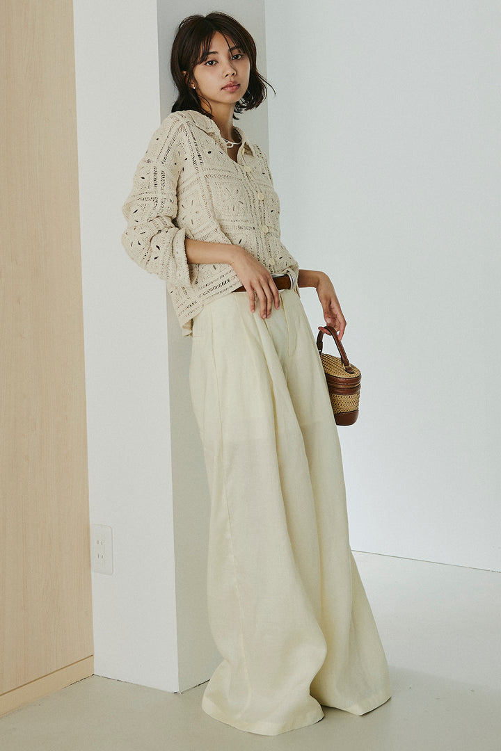 [SET]鍵編みフラワーレースカーディガン+タック入りワイドパンツ(2set)