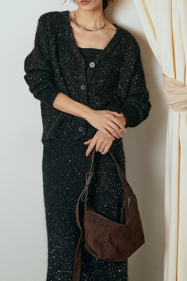 [SET]ミニラメニットカーディガン+ミニラメニットスカート(2set)