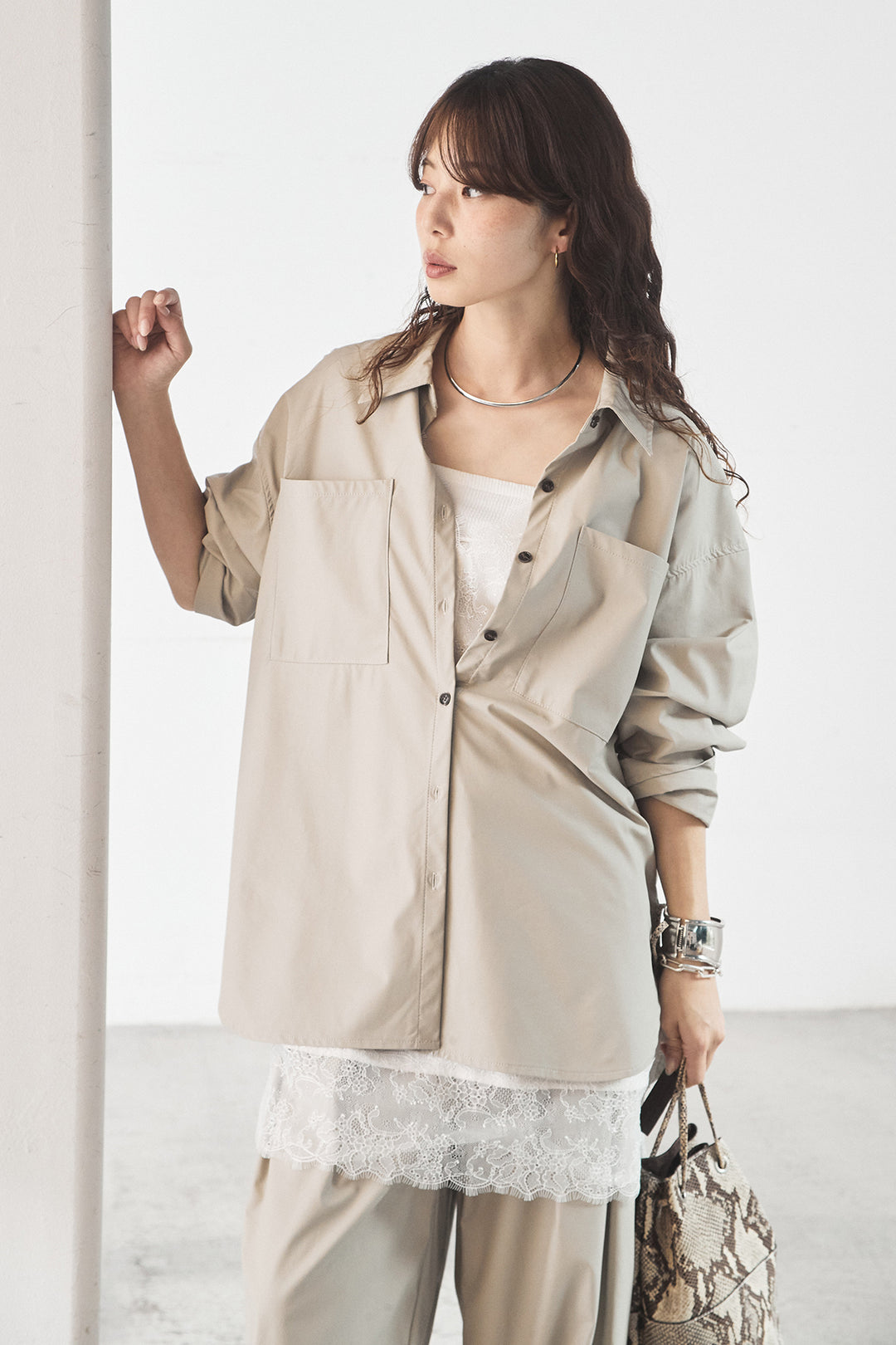 [SET]ウォッシャブルエコレザービックカフスシャツ+ウォッシャブルエコレザータックパンツ(2set)