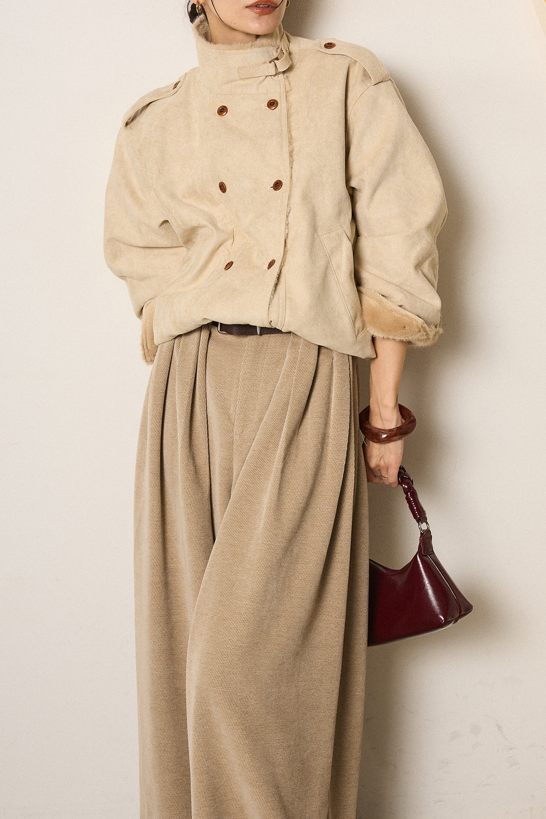 [SET]スタンド襟スウェードライクアウター+ベルトループコーデュロイワイドパンツ(2set)