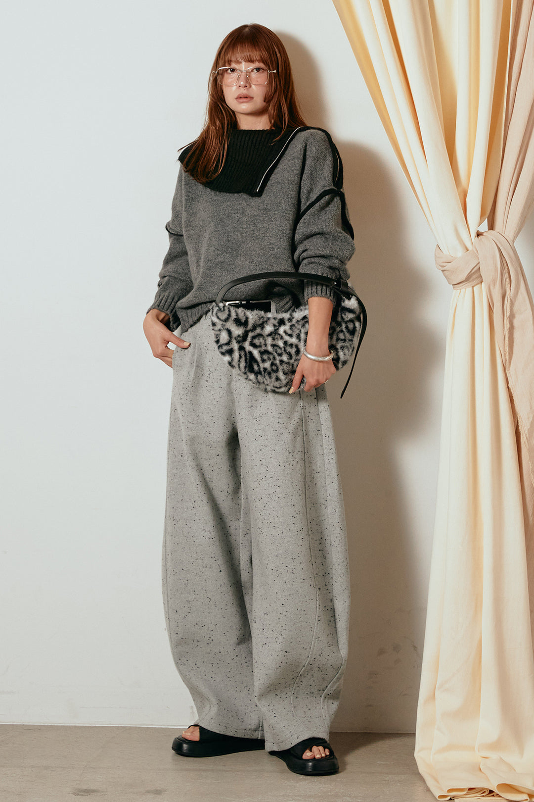 [SET]ハイネックジップデザインニットトップス+ベルト付きネップツイードカーブパンツ(2set)