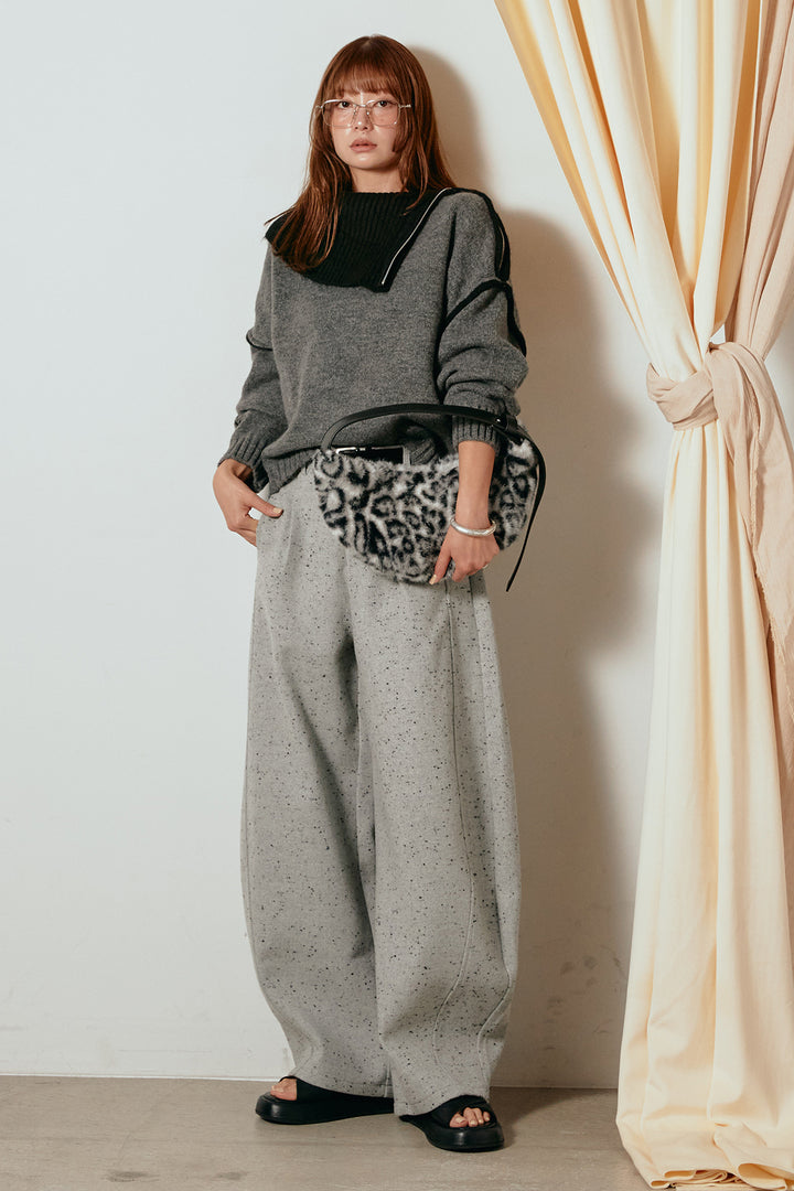 [SET]ハイネックジップデザインニットトップス+ベルト付きネップツイードカーブパンツ(2set)