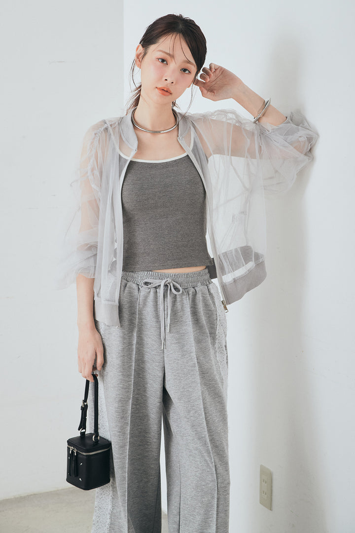 [SET]エアリーチュールスリーブシアーブルゾン+Wフェイスカットソーサイドレースラインパンツ(2set)