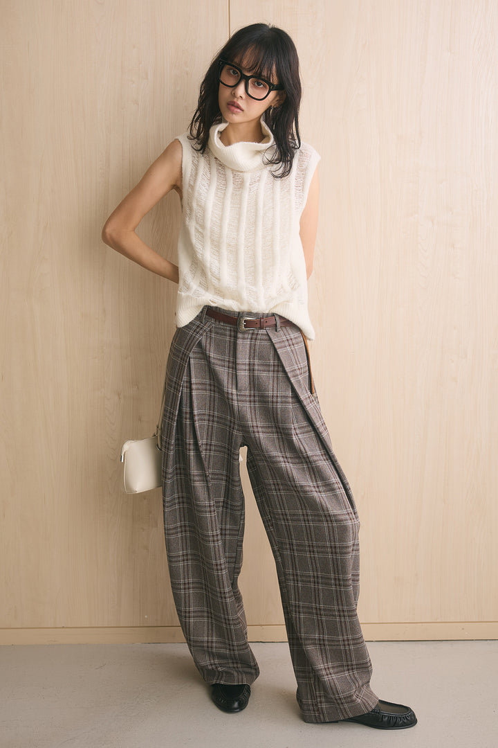 [SET]ハイルーズタートル透かし編みニットベスト+ブリティッシュチェックバレルパンツ(2set)