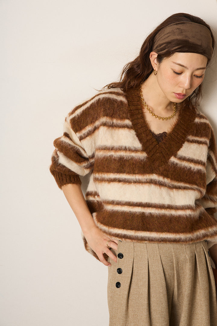 [SET]ルーズVネックボーダーニットトップス+サイドボタンツイードタックパンツ(2set)