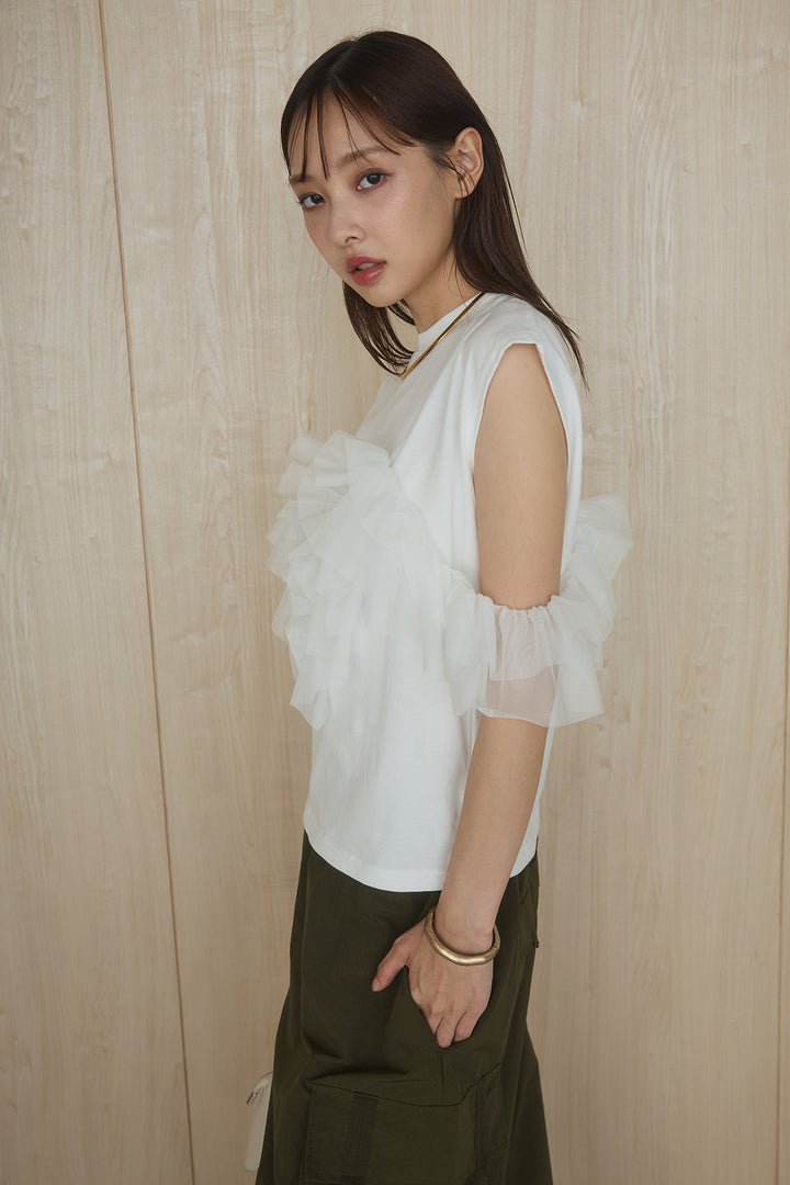 [SET]チュールフリルフレンチTシャツ+ルーズカーゴワイドパンツ(2set)