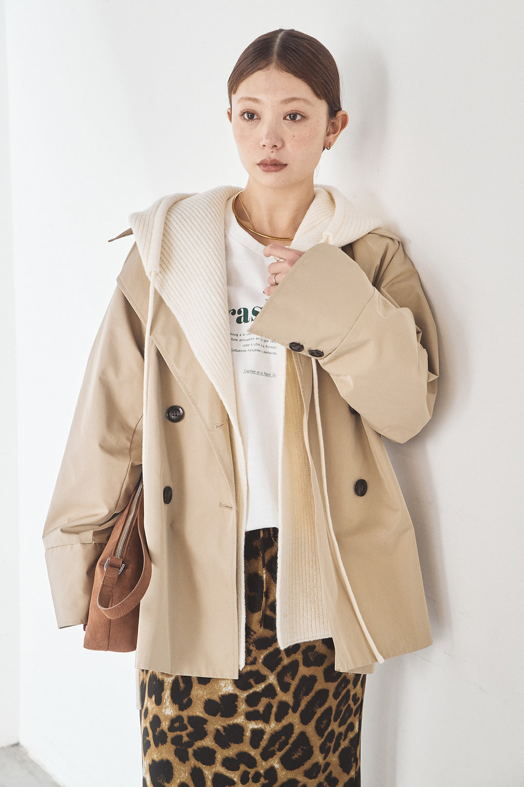 [SET]ナイロントレンチコート+レオパードサテンナロースカート(2set)