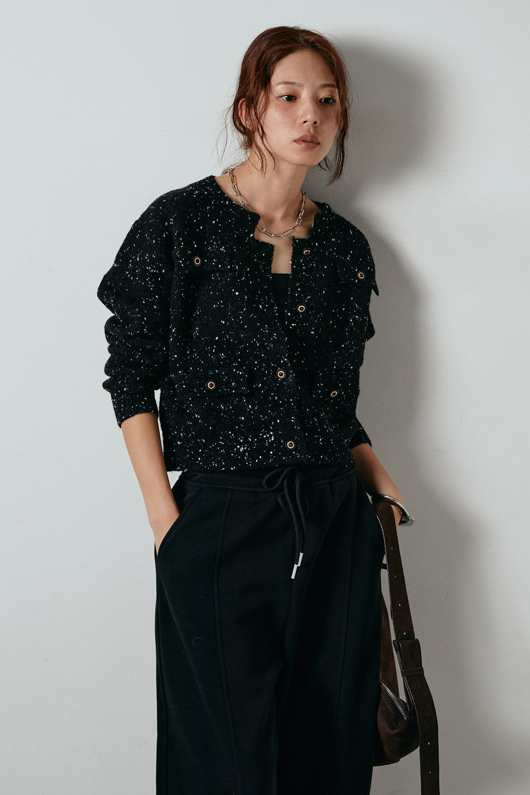 [SET]ネップニットカーディガン+スウェットワイドカーブパンツ(2set)