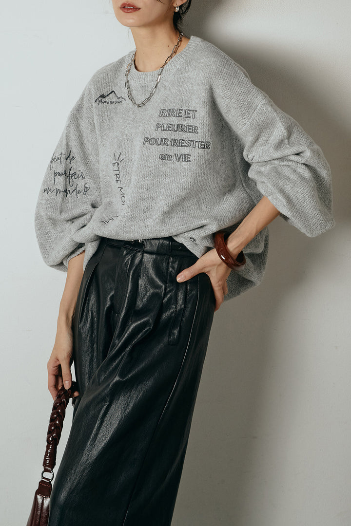 [SET]刺繍ロゴランダムデザインニットトップス+ベルト付きレザーライクタックパンツ(2set)