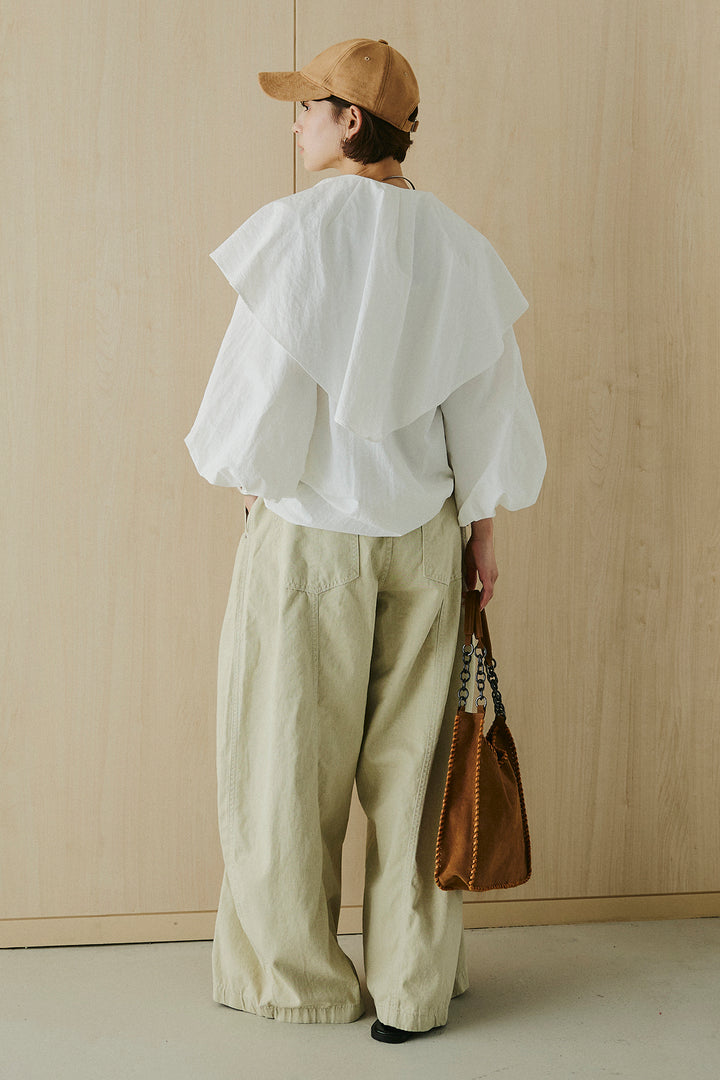 [SET]ケープカラーナイロンブラウス+サイドベルトカーブワイドパンツ(2set)