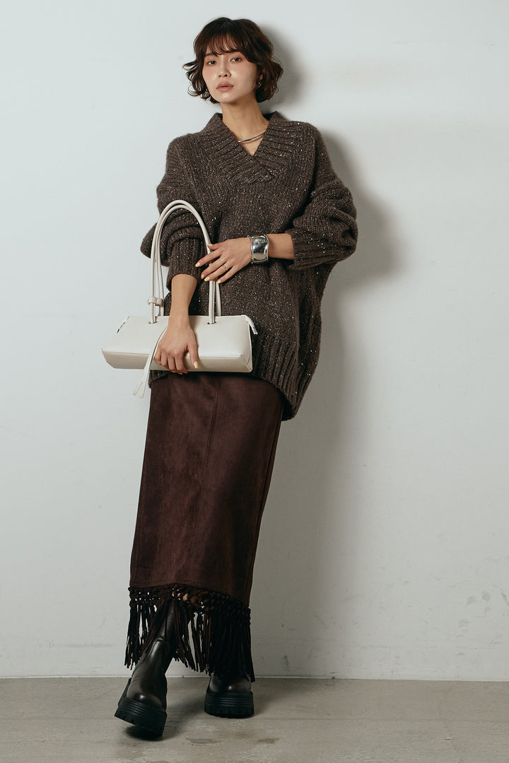 [SET]Vネックラメニットトップス+スウェードライク裾フリンジスカート(2set)