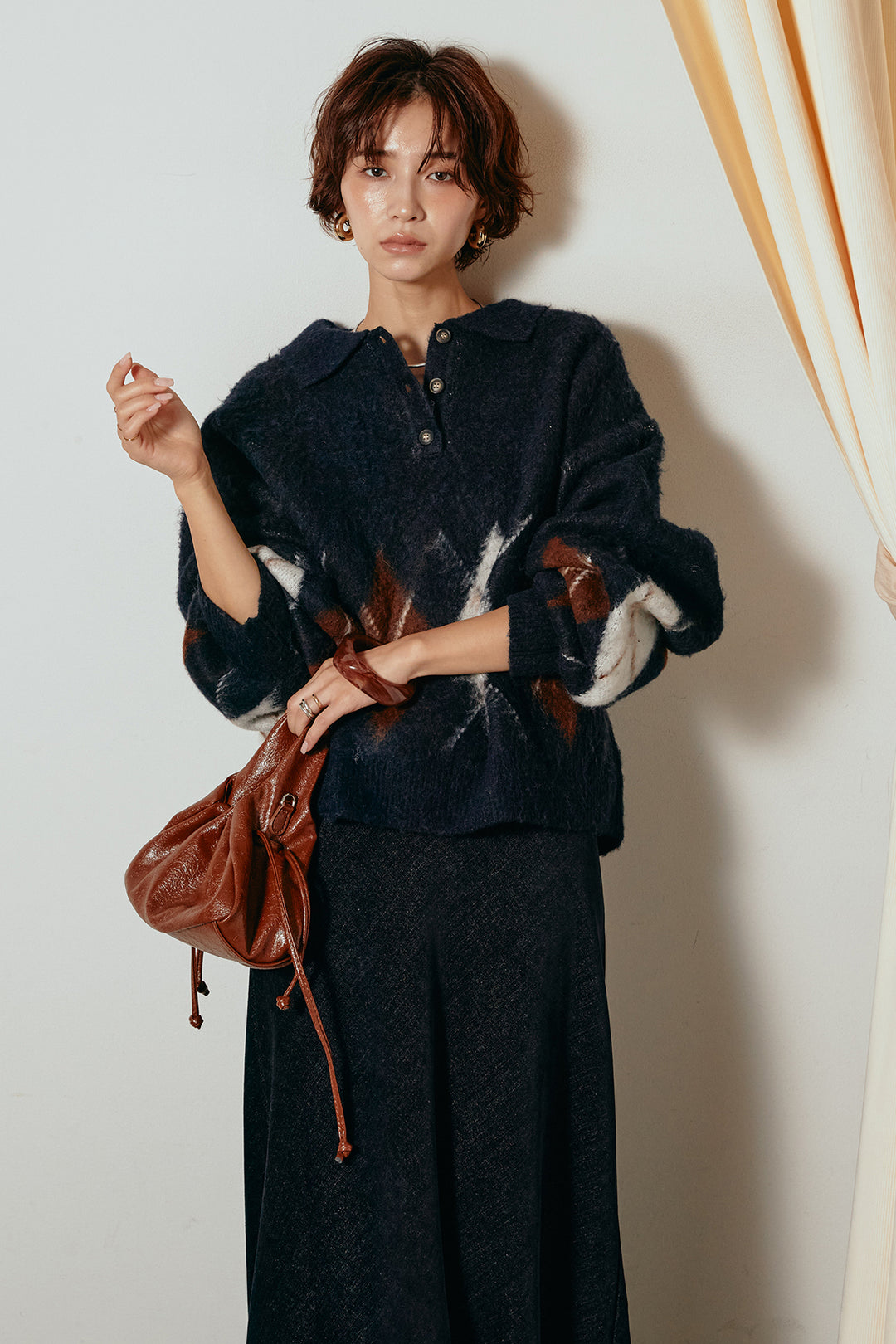 [SET]アーガイル柄ポロニットトップス+スウェードライクロングスカート(2set)