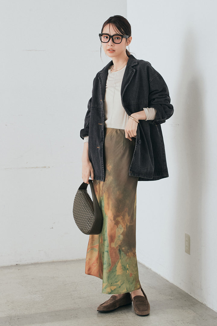 [SET]オーバーデニムジャケット+ニュアンス柄サテンスカート(2set)