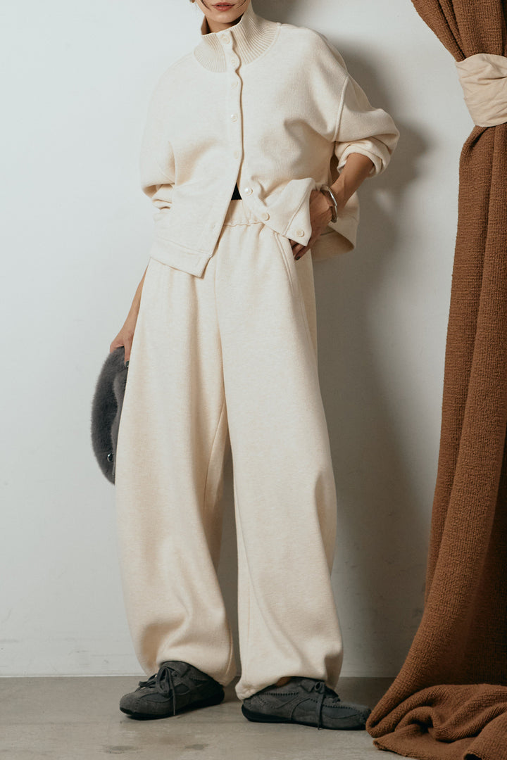 [SET]リブスタンドネックボタントップスSETUP