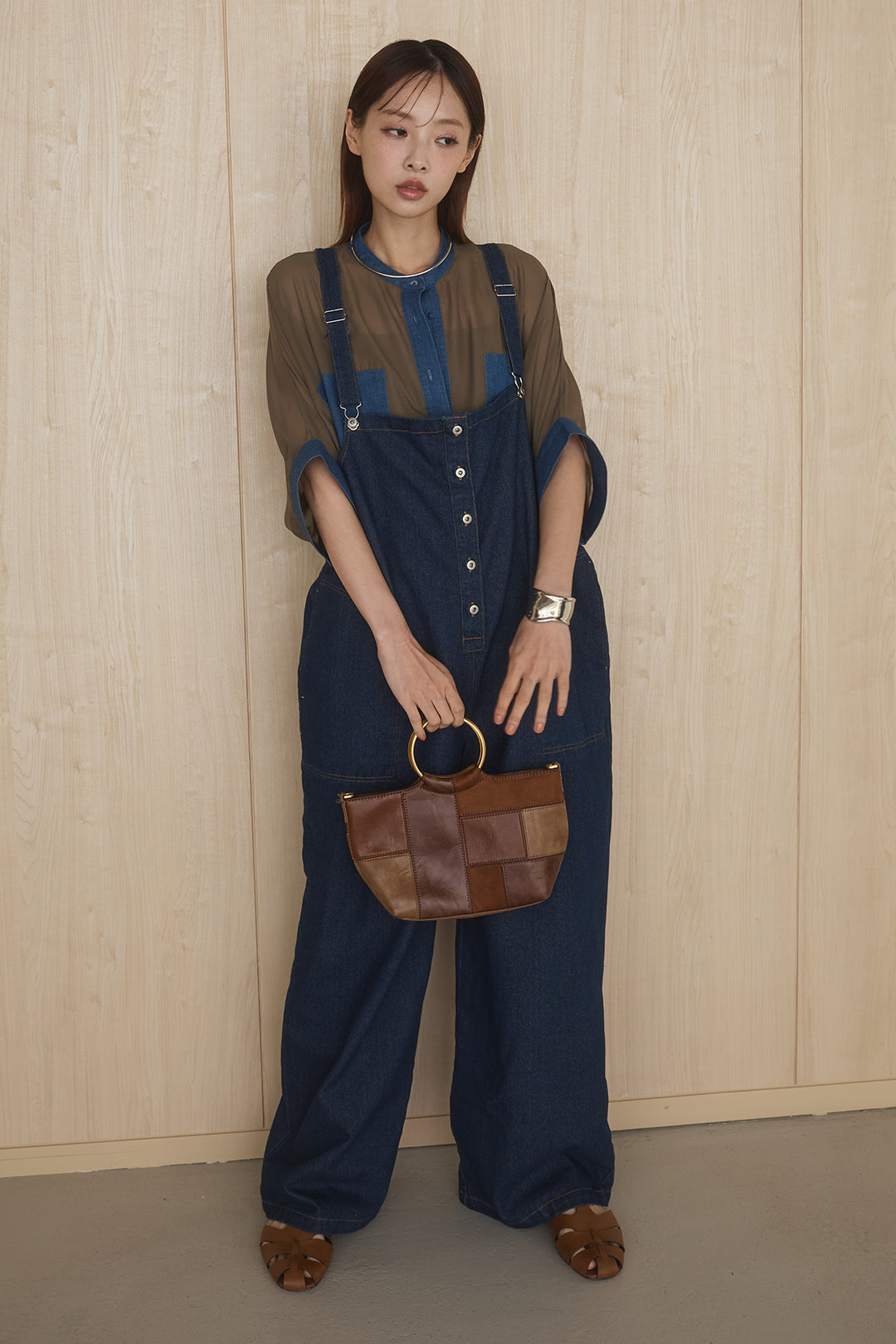 [SET]デニムライクビッグツーポケシアーシャツ+フロントボタンデニムサロペット(2set)