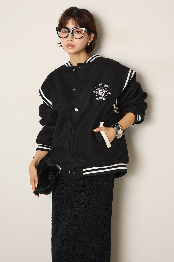 [SET]ワンポイントデザインブルゾン+花柄刺繍ベロアフレアスカート(2set)