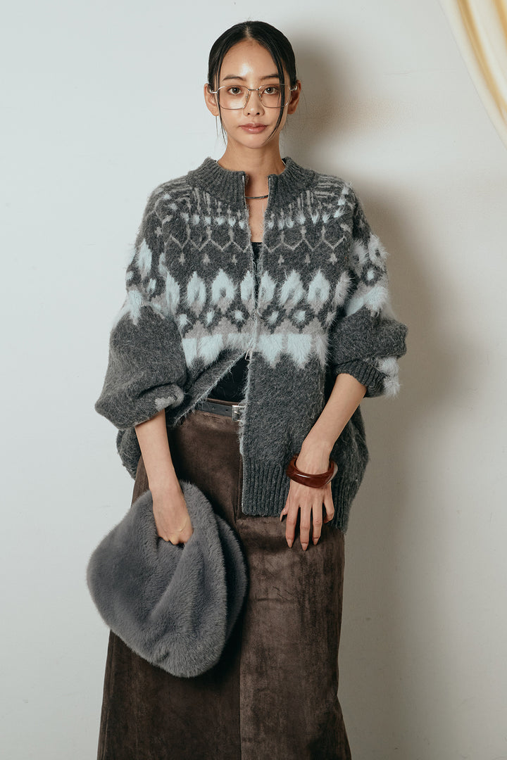 [SET]起毛ダブルジップパターンニットカーディガン+エコスウェードワイドスカート(2set)