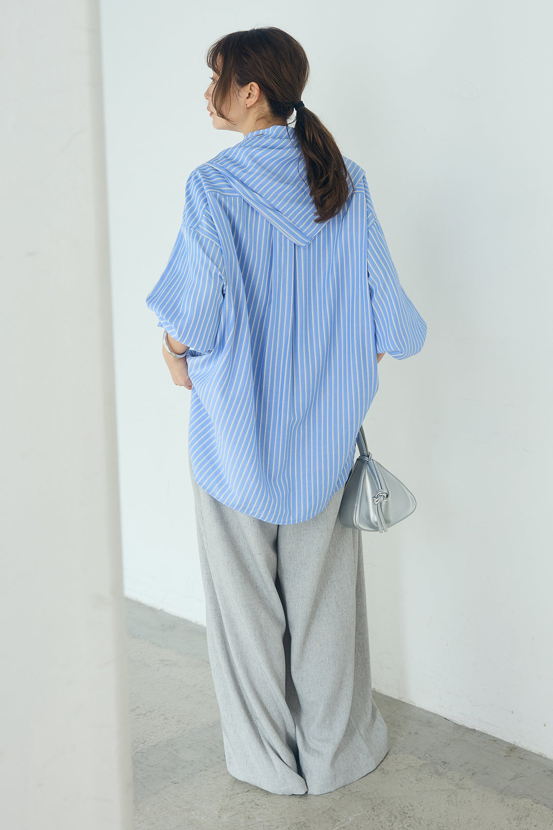 [SET]レーヨンストライプスカーフ+麻混タックワイドパンツ+レーヨンストライプバンドカラー長袖シャツ(3set)