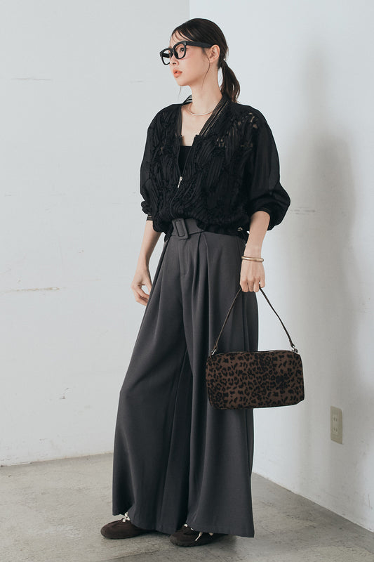 【着回しセット】[SET]モチーフ付きシアーブルゾン+ベルト付きツータックワイドパンツ+モチーフ付きシアーブルゾン(3set)