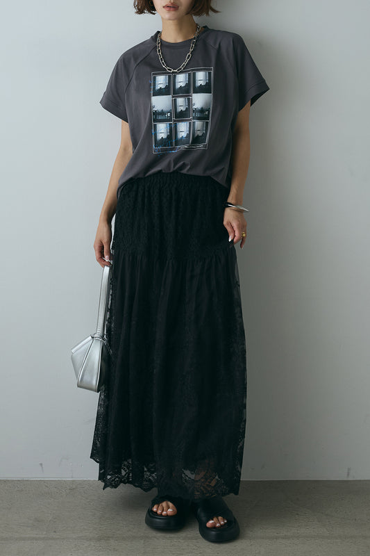 【着回しセット】フォトプリントラグランTシャツ+ミックスレース刺繍スカート+フォトプリントラグランTシャツ(3set)