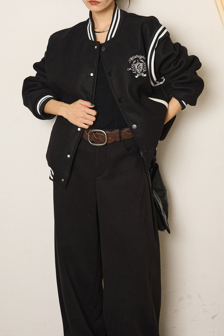 [SET]ワンポイントデザインブルゾン+編みベルト付きワイドパンツ(2set)