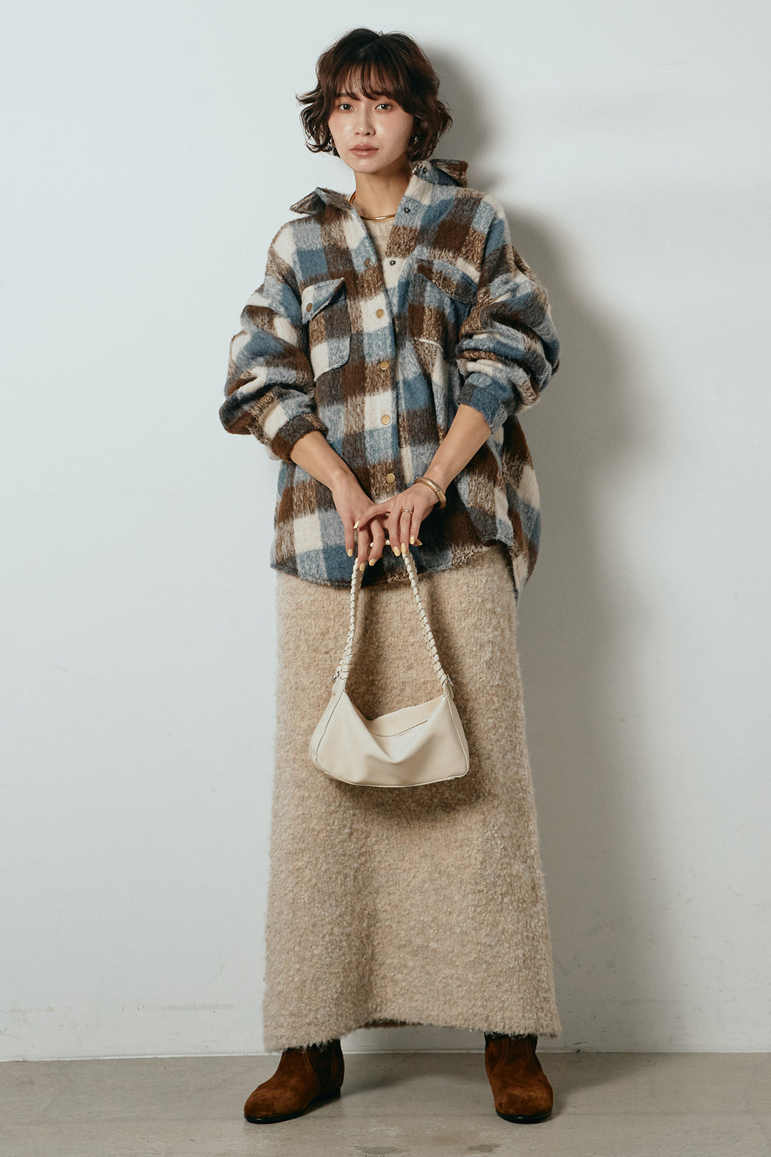 [SET]起毛チェック柄ポケットアウター+起毛ノースリーブニットロングワンピース(2set)