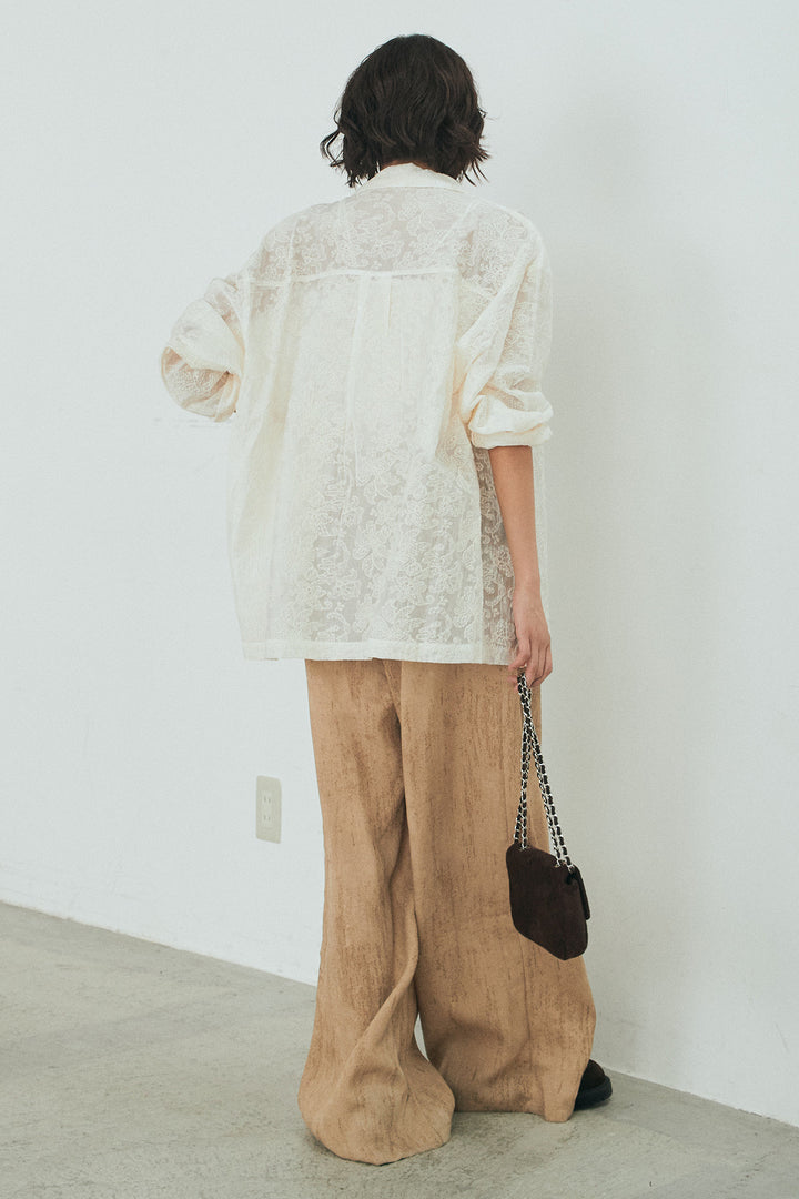 [SET]刺繍シアーオープンカラーシャツ+リネン混かすれ柄ワイドパンツ(2set)