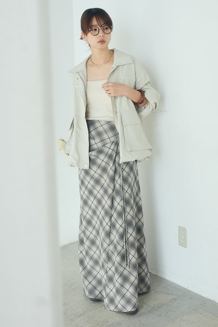 [SET]合繊ツイルバルーンジャケット+タータンチェック柄フロントデザインスカート(2set)