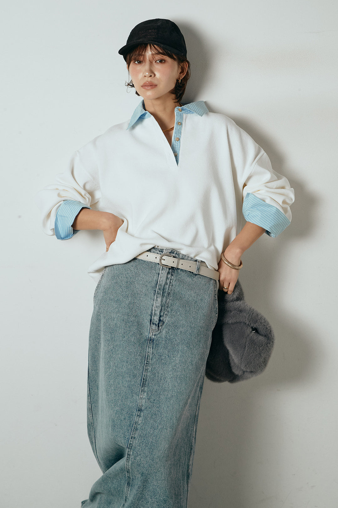 [SET]ストライプシャツドッキングポロトップス+デニムロングフレアスカート(2set)