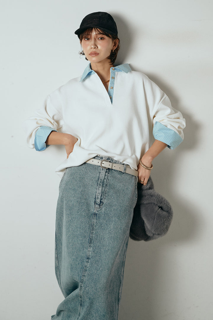 [SET]ストライプシャツドッキングポロトップス+デニムロングフレアスカート(2set)