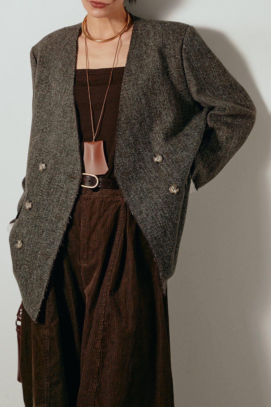 [SET]ノーカラーダブルボタンツイードジャケット+タック入りコーデュロイワイドパンツ(2set)