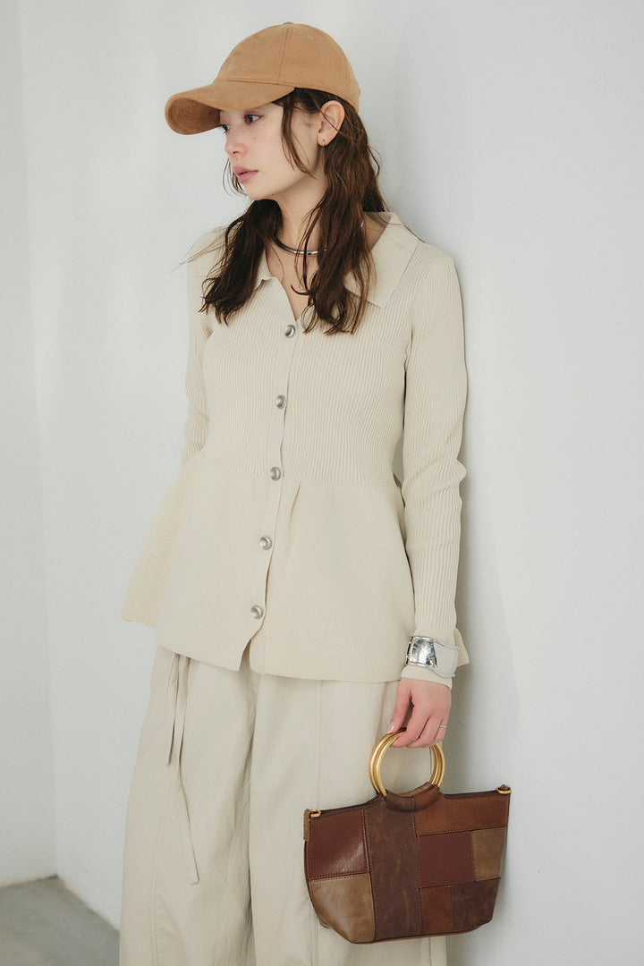 [SET]スキッパーペプラムニット+フェイクレザーカーブワイドパンツ(2set)