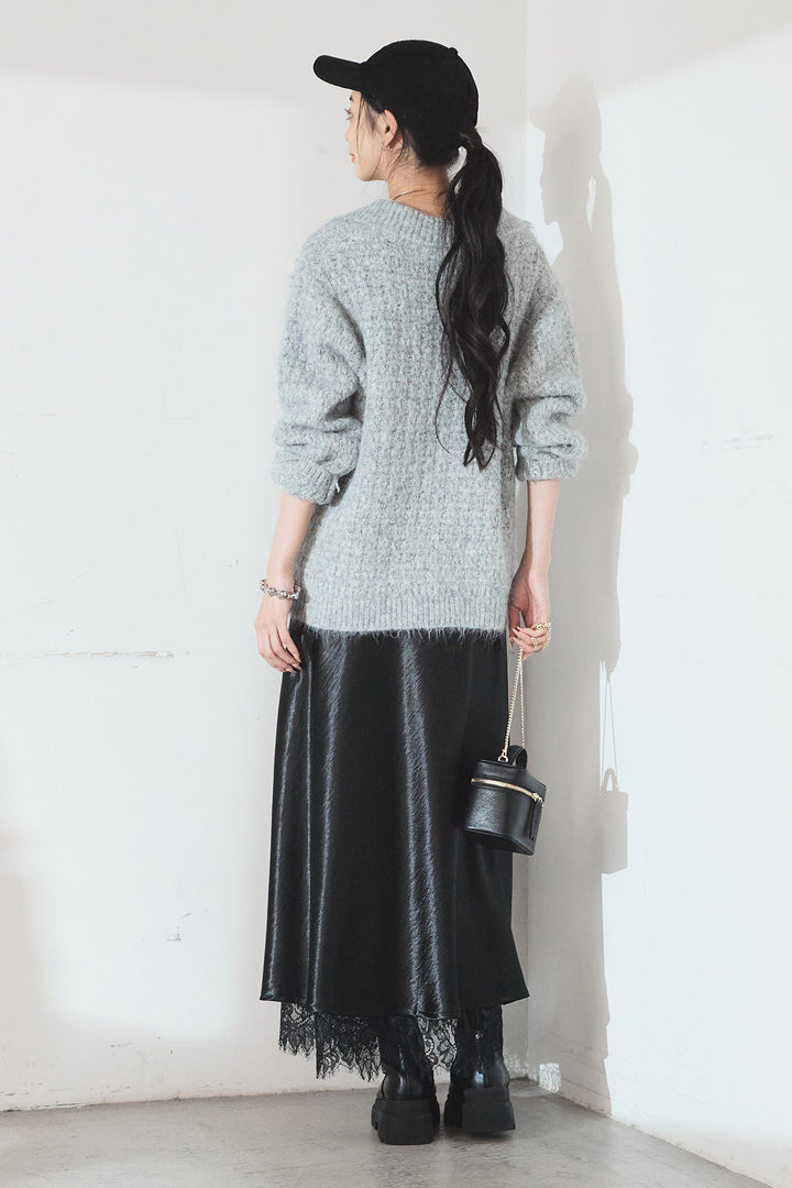 [SET]襟付きVネックニットトップス+裾レースデザインサテンスカート(2set)