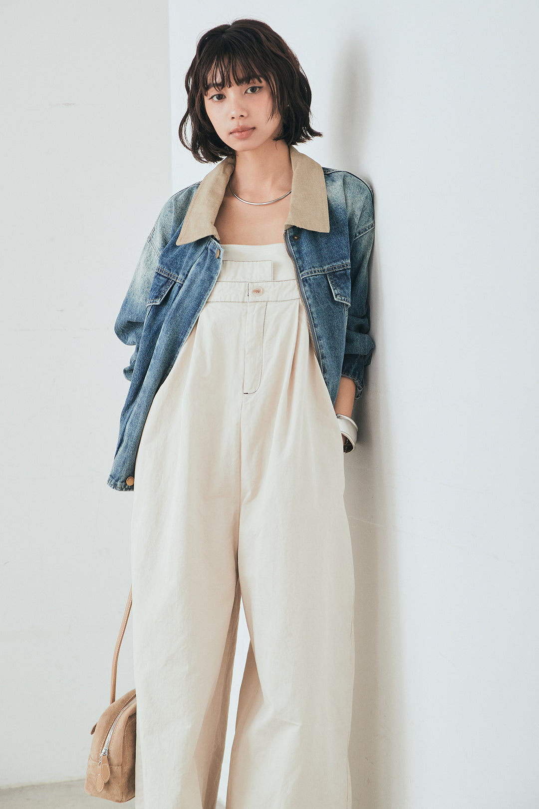 [SET]襟切り替えジップデニムジャケット+綿ツイルアシメサロペット(2set)