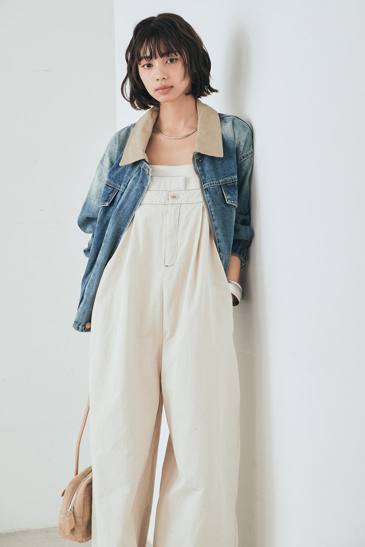 [SET]襟切り替えジップデニムジャケット+綿ツイルアシメサロペット(2set)