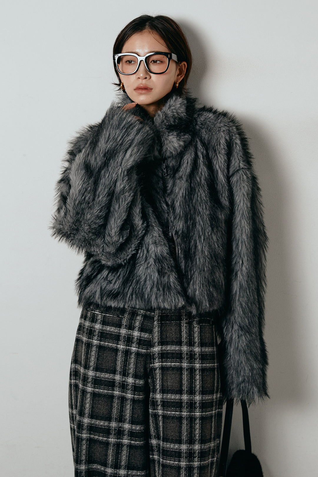 [SET]エコファーショート丈ブルゾン+ルーズタータンチェックワイドパンツ(2set)